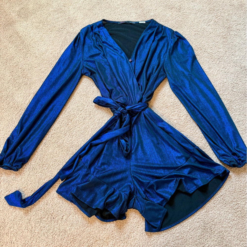 Shimmery Blue Long Sleeve Wrap Shorts Romper - Size Small